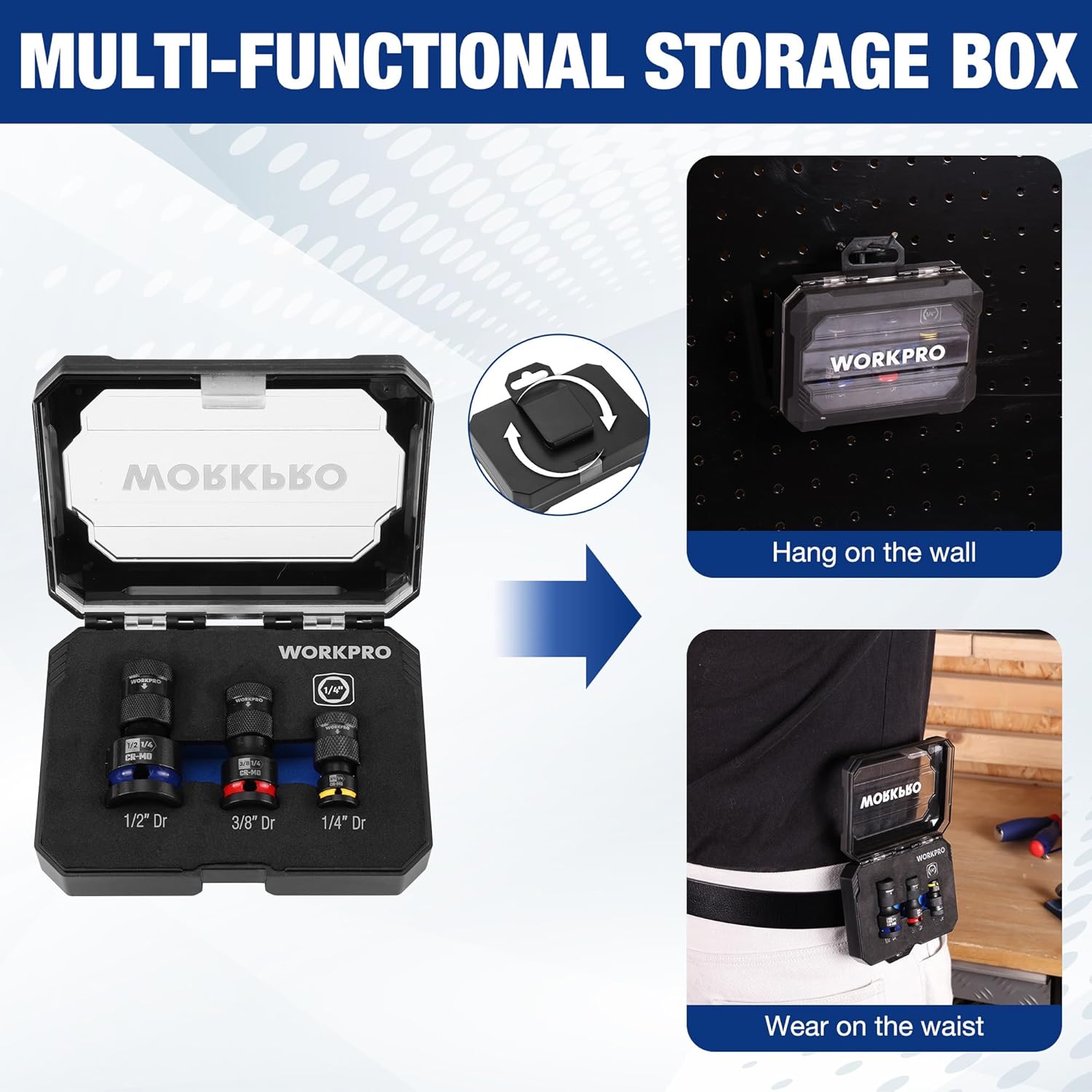 Multi-functional storage box with three quick-release hex impact bit adapters