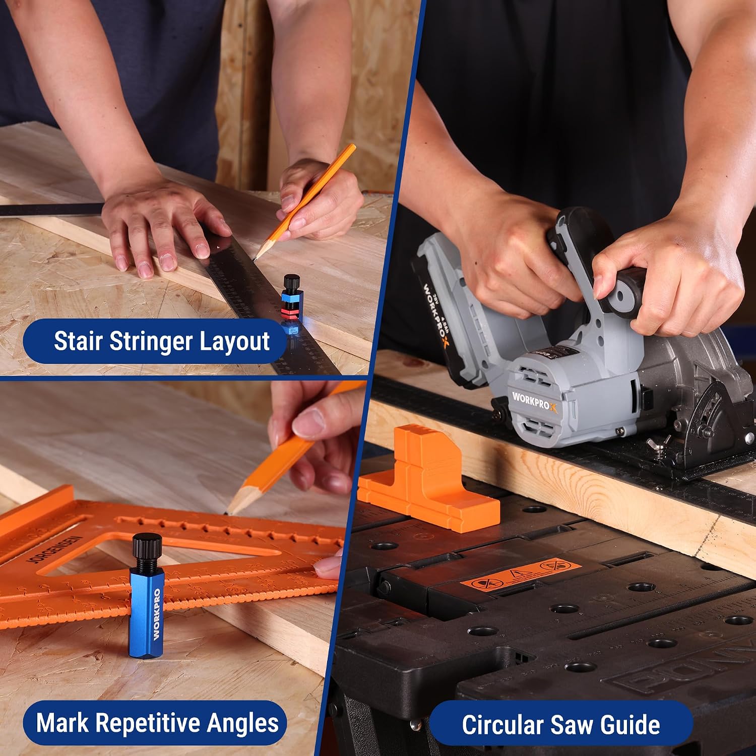 WORKPRO stair gauge clamped for layout marking, blue body with black knob and red pad