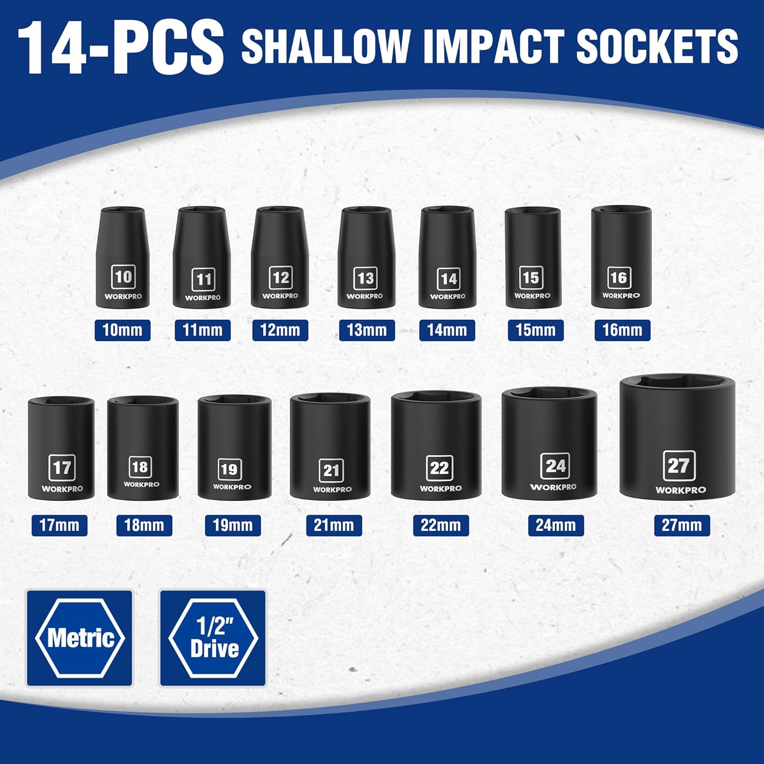 WORKPRO 1/2in drive shallow impact socket set, metric 10-27mm (14-piece)