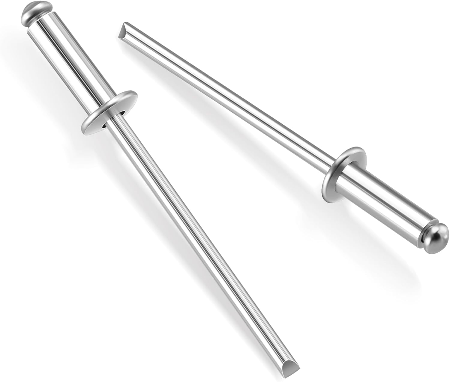 Pair of silver aluminum blind rivets with round heads and metal stems