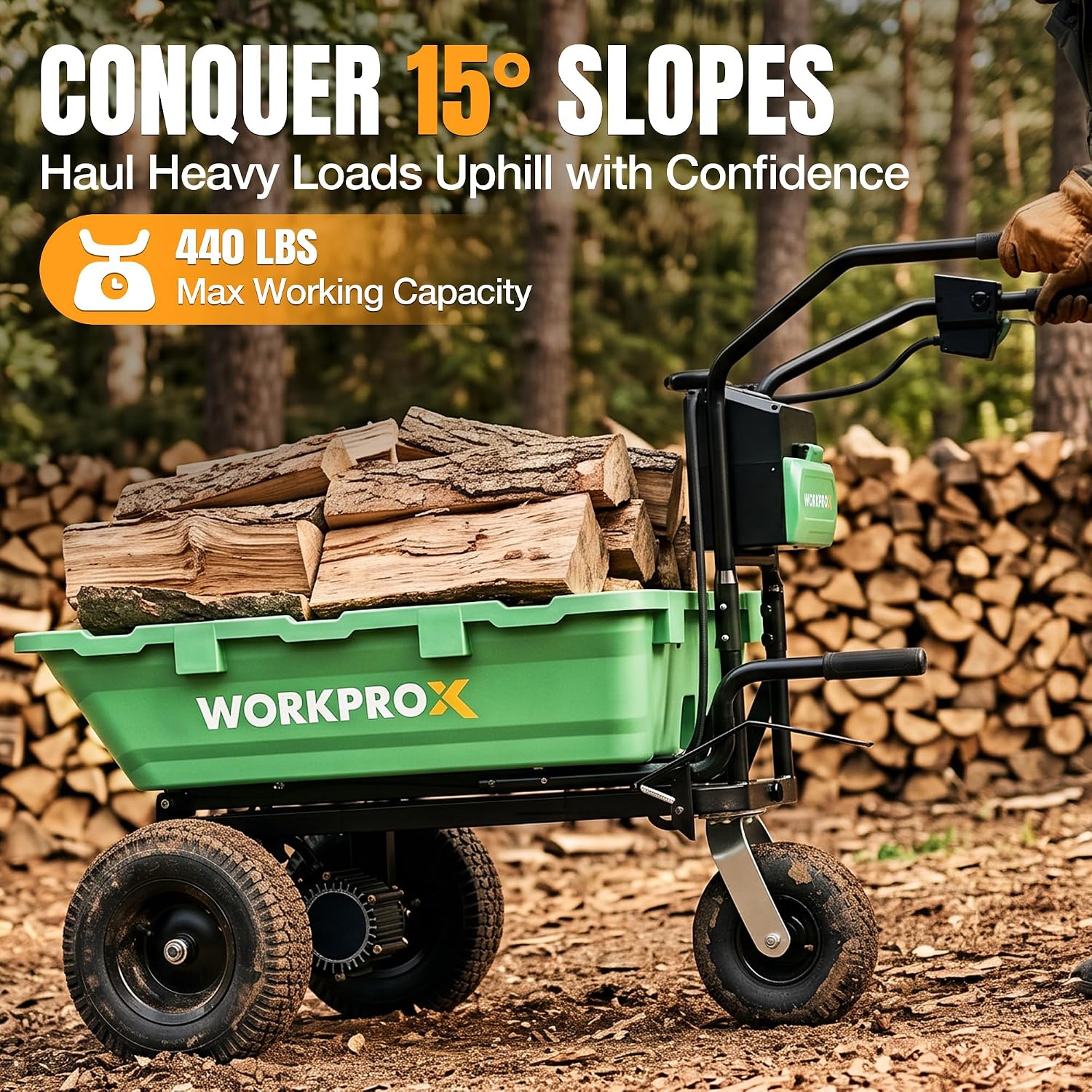 WORKPROX green electric wheelbarrow with loaded logs, black wheels and front kickstand