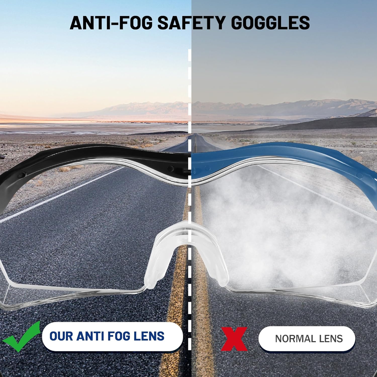 WORKPRO anti-fog safety goggles with clear curved lens and black frame with blue trim