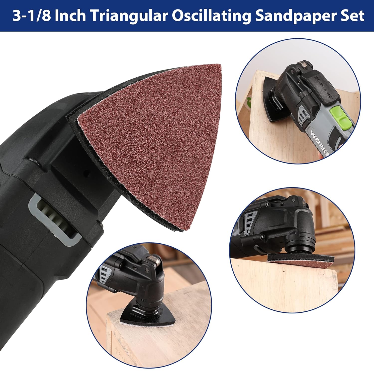 3-1/8 inch triangular oscillating sandpaper set, hook-and-loop pad on tool