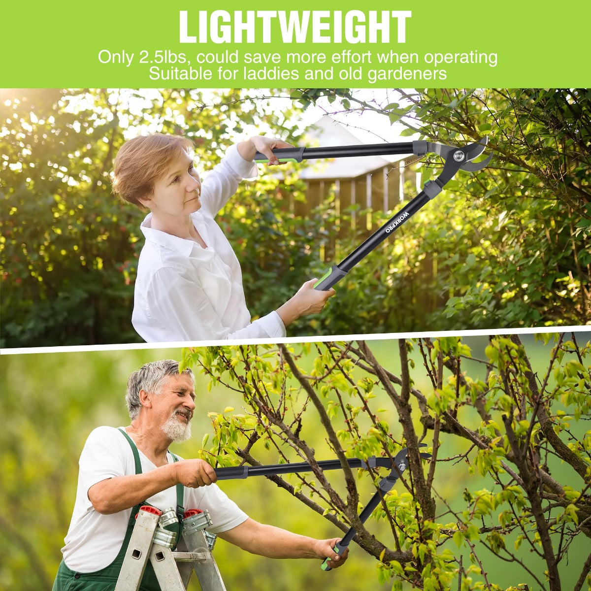 Lightweight bypass tree lopper with black handles and green grip accents