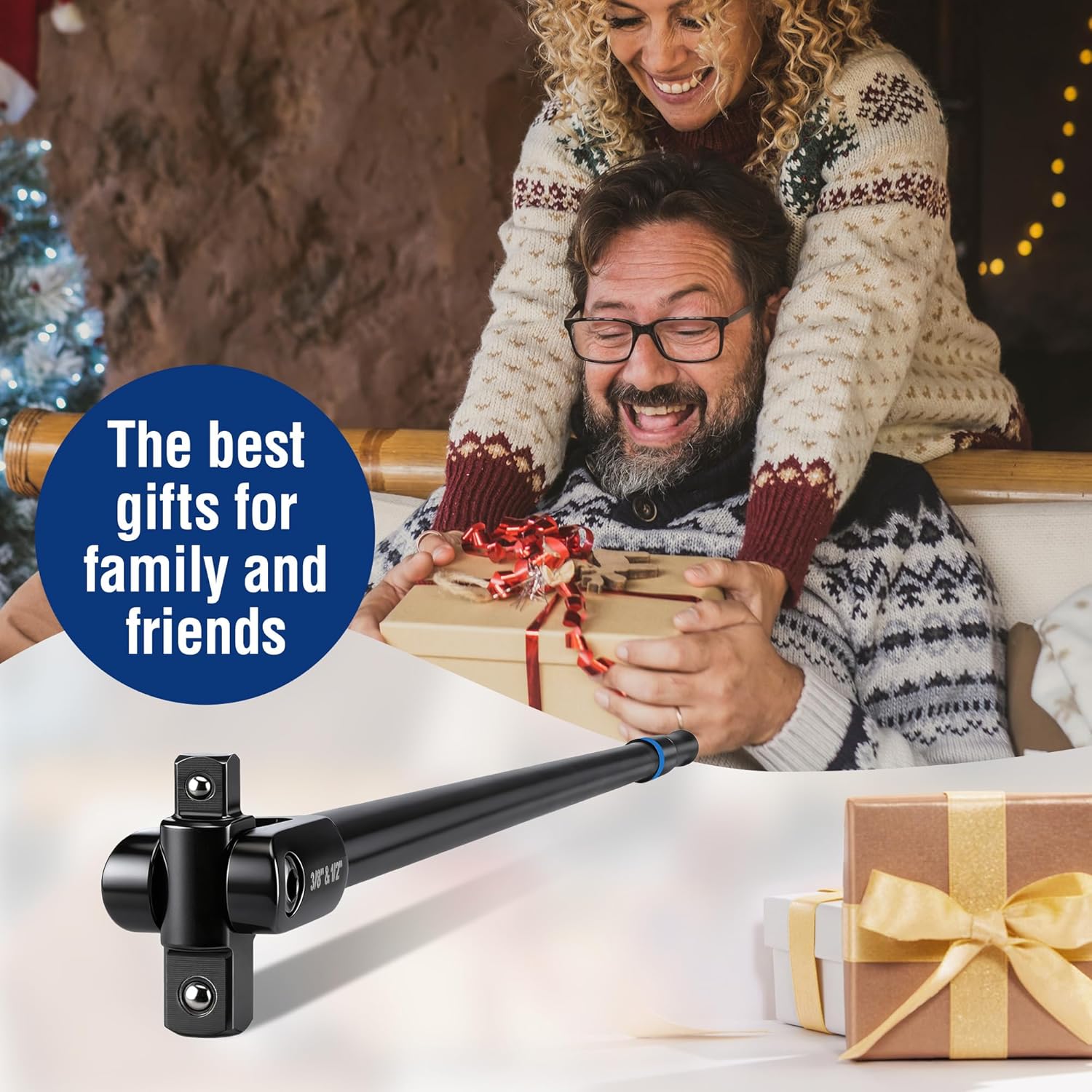 Black dual-drive breaker bar held near wrapped gifts; socket end visible