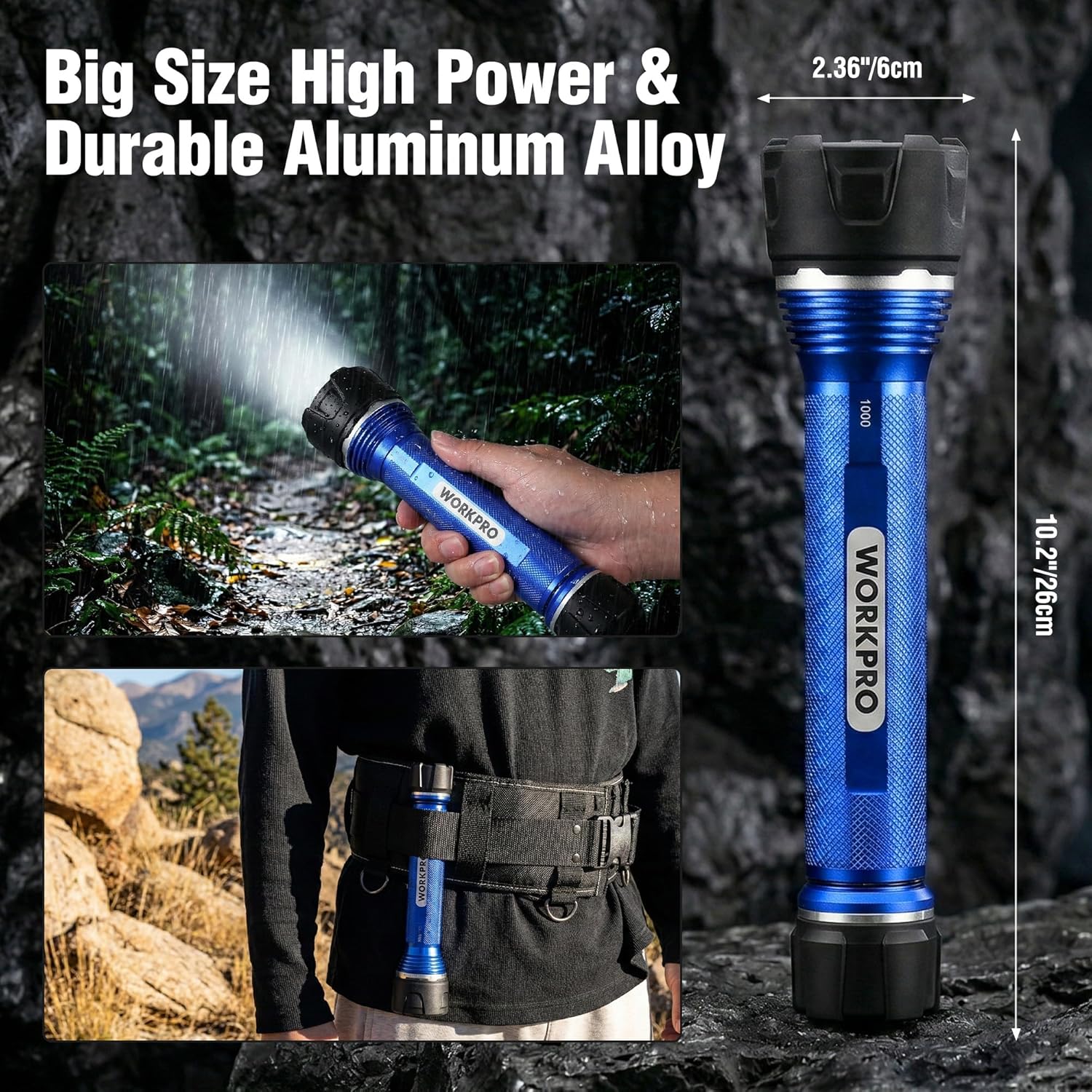 Blue aluminum LED flashlight with black head, rugged handheld body shown with grip
