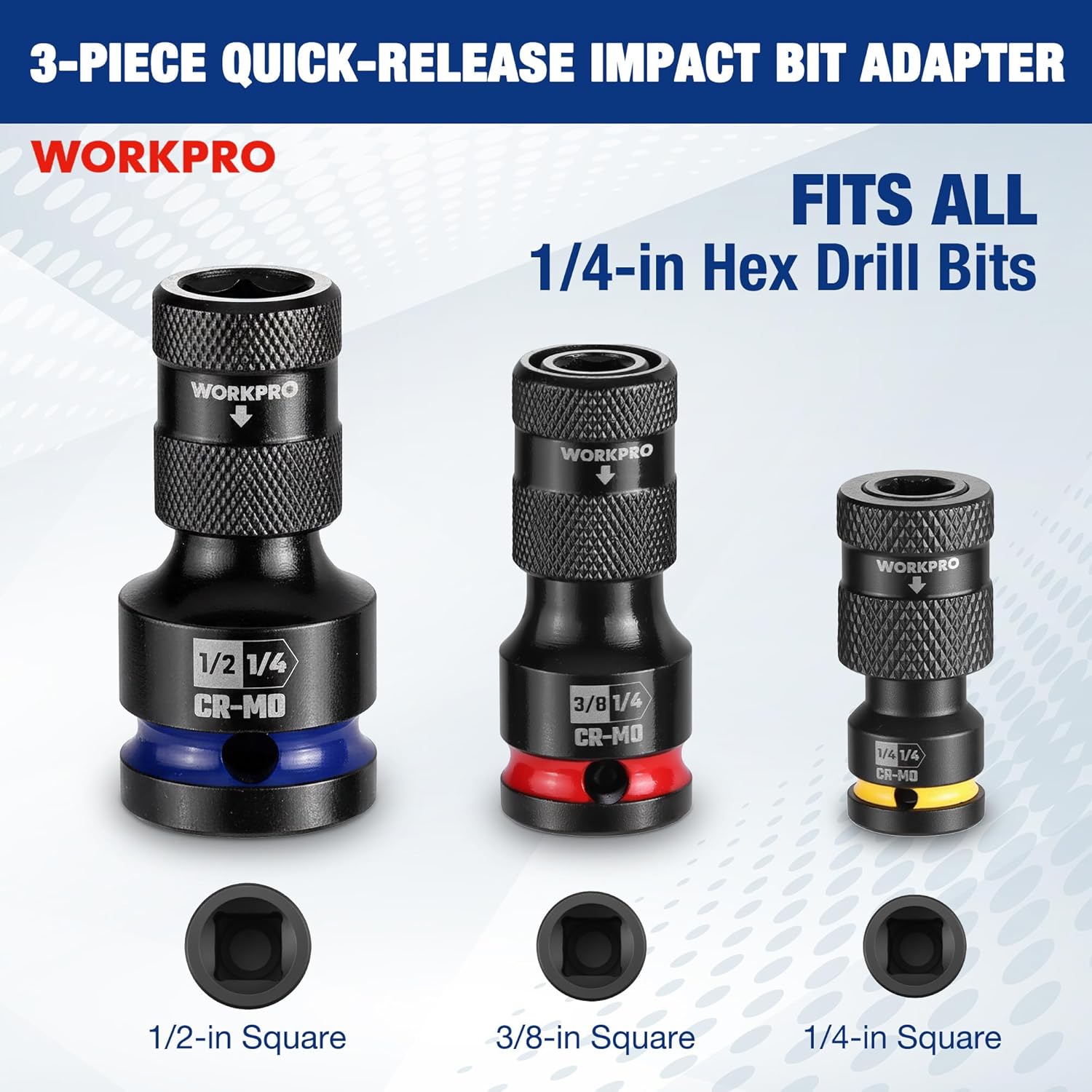 3-piece quick-release hex impact bit adapter set: 1/2, 3/8, 1/4 inch