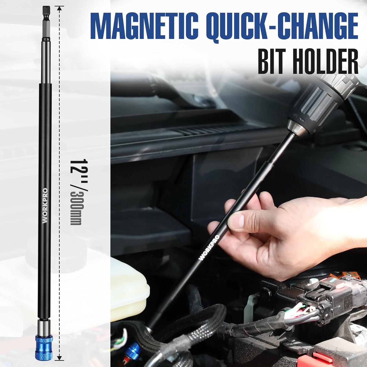 12-inch magnetic quick-change drill bit extension with blue aluminum sleeve, 1/4 hex