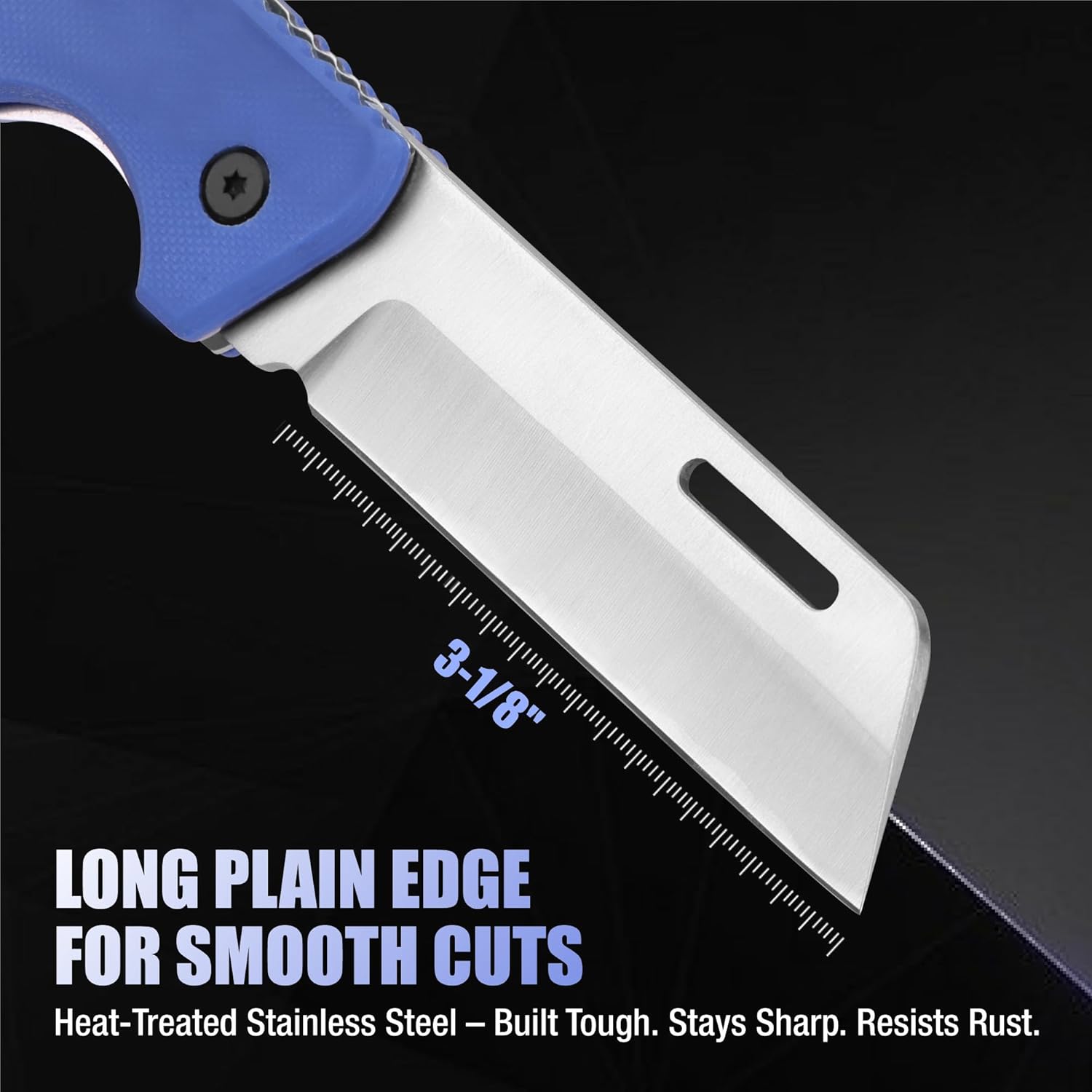 Blue-and-silver folding utility knife with stainless plain edge and ruler on blade