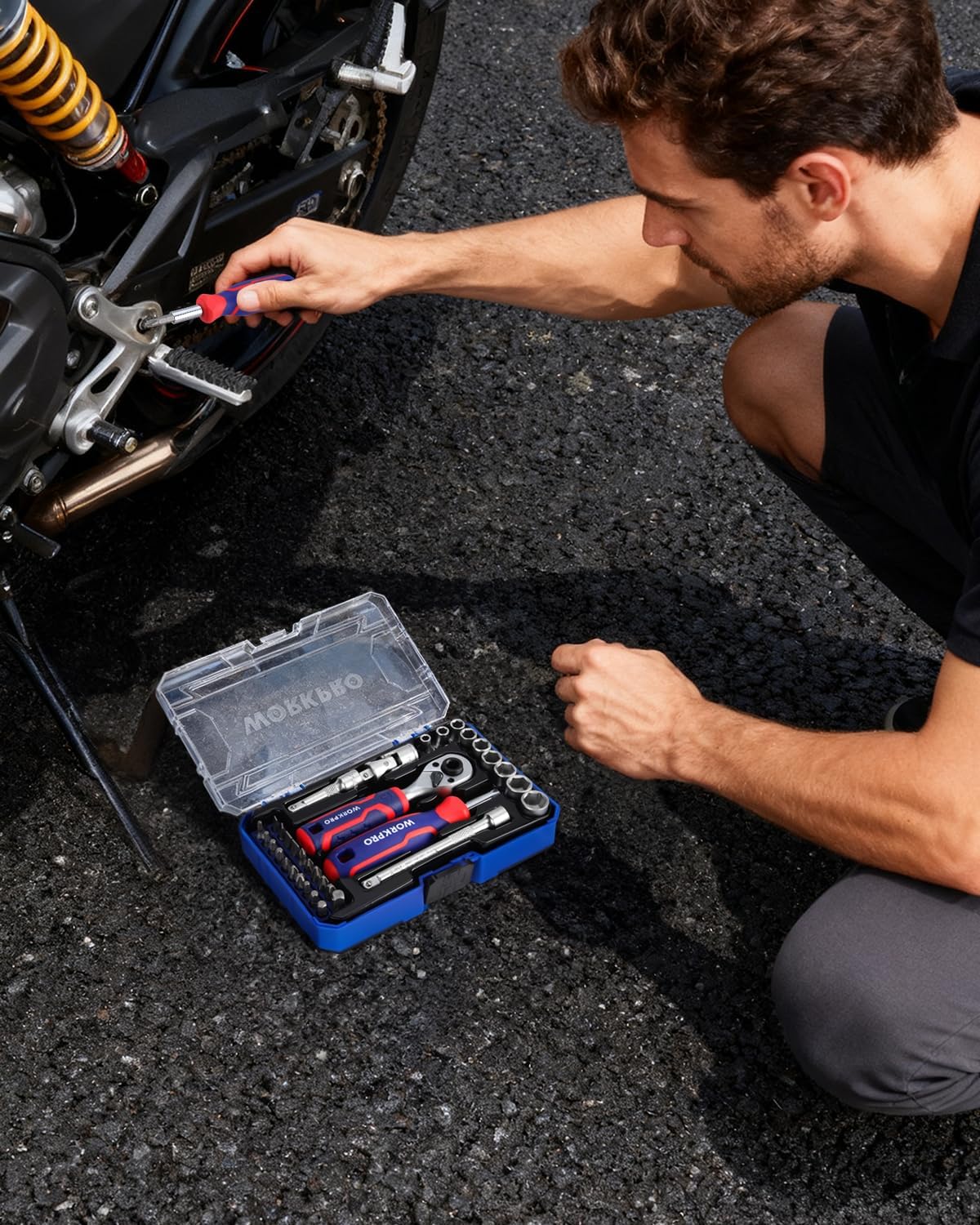Socket and bit ratchet set in a blue storage case with red and blue tools