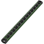 Green magnetic socket organizer rail with black magnetic clips lined up along the bar