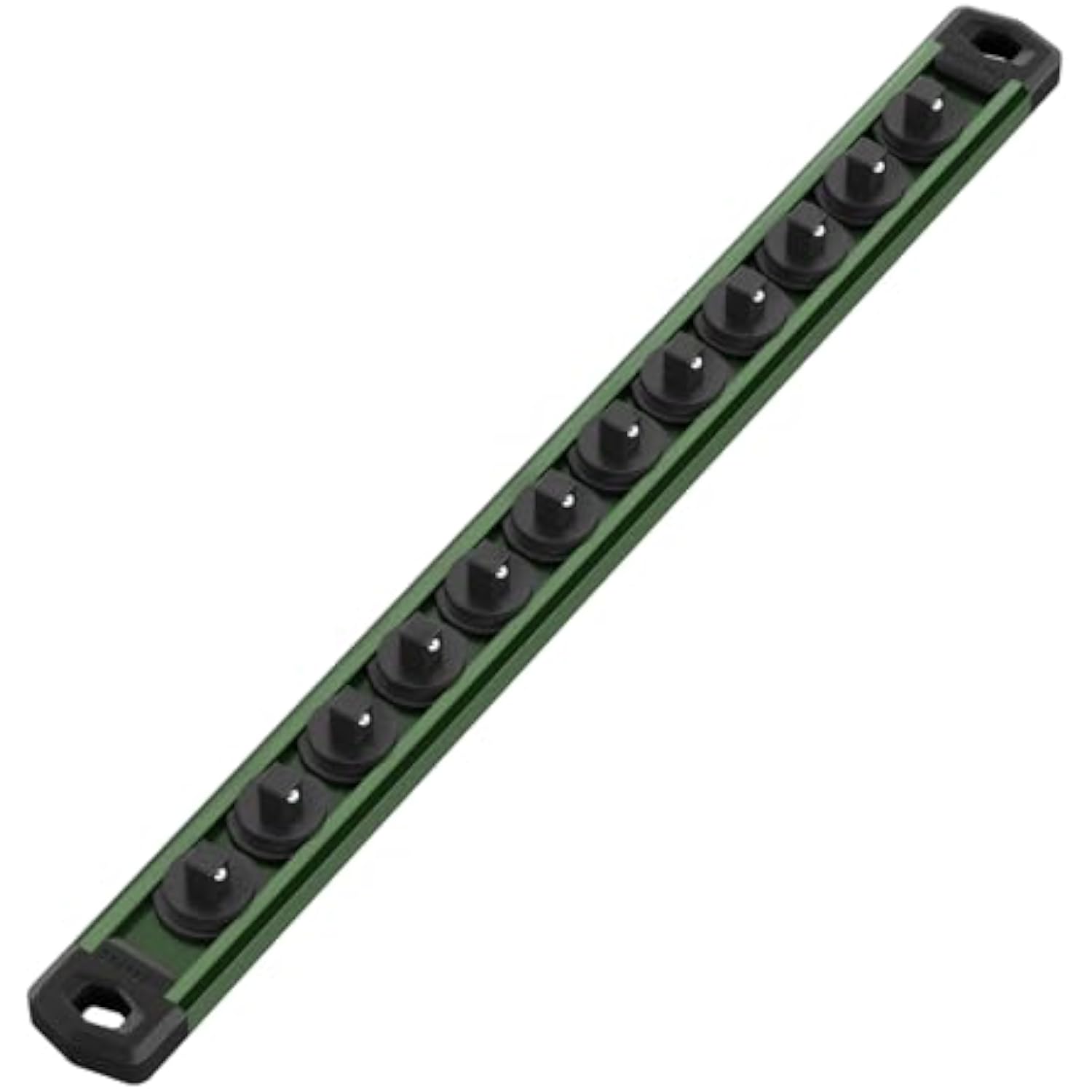 Green magnetic socket organizer rail with black magnetic clips lined up along the bar