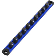 Blue socket rail bar with evenly spaced black magnetic socket clips