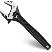 Black oxide 6-inch adjustable wrench, open jaw and hanging hole on handle.