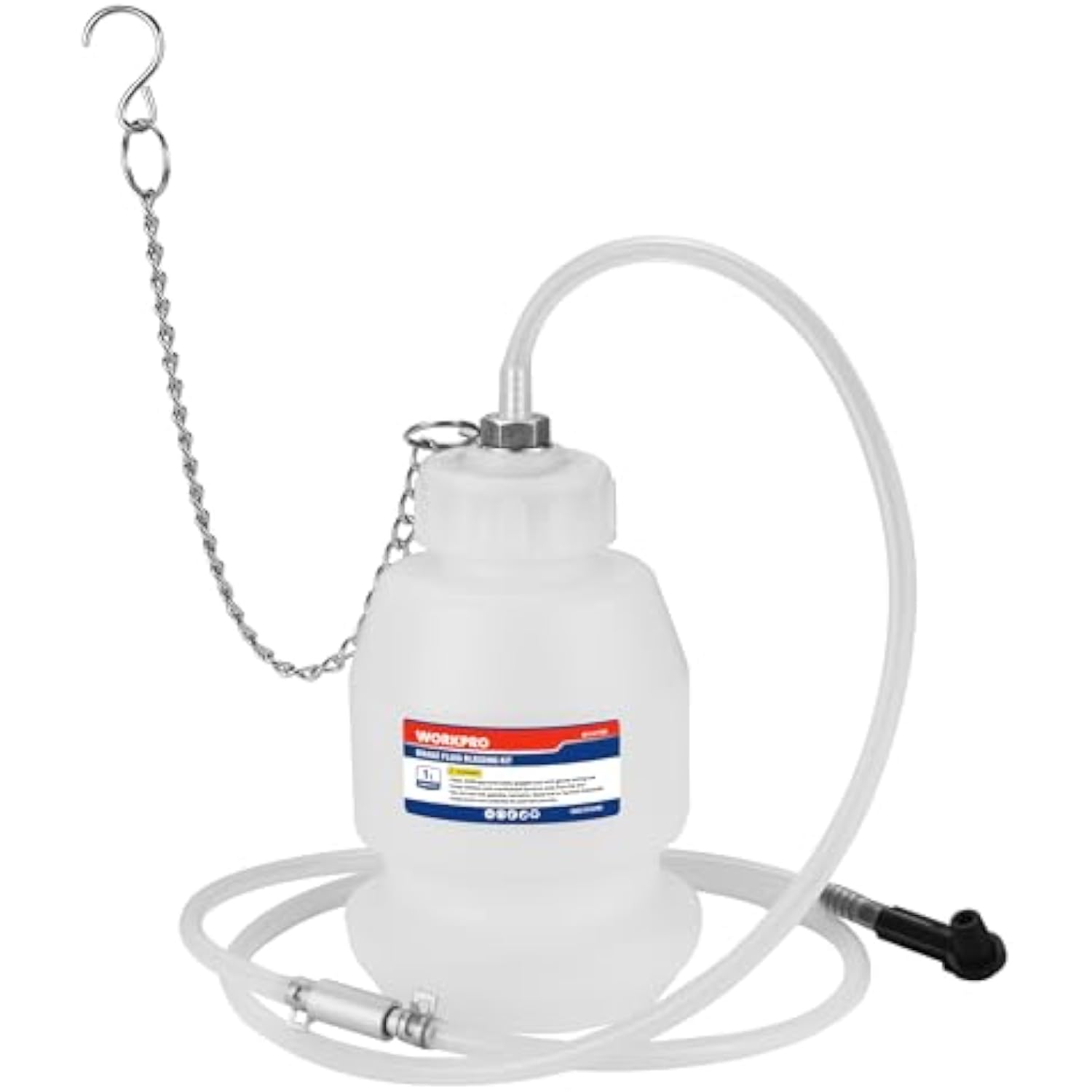 Brake bleeder bottle kit with hooked chain, clear hose, and connector clamp