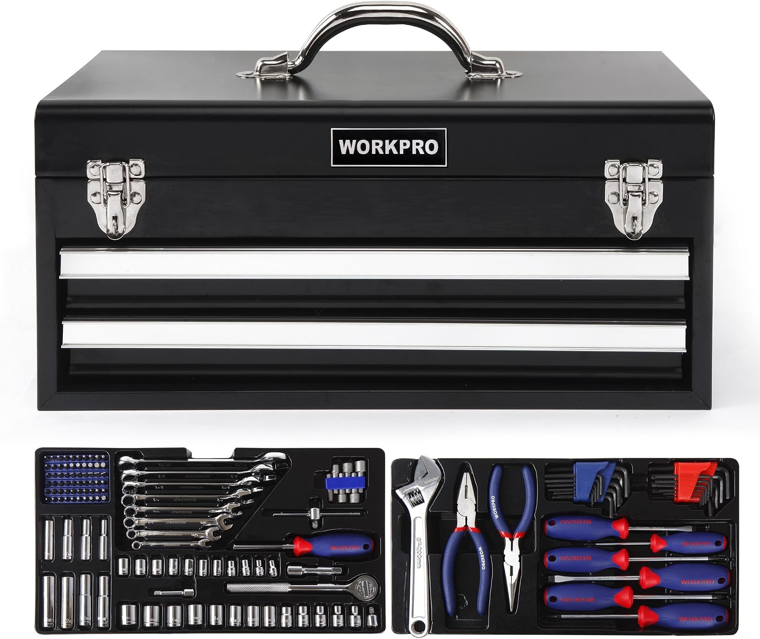 Black metal toolbox with WORKPRO label and open front drawers packed with tools