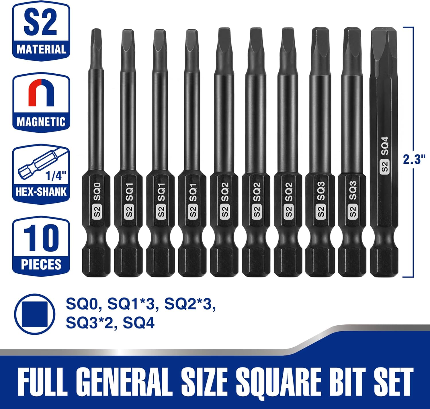 Magnetic square screwdriver bit set with 1/4 in hex shanks, S2 steel, 2.3 in