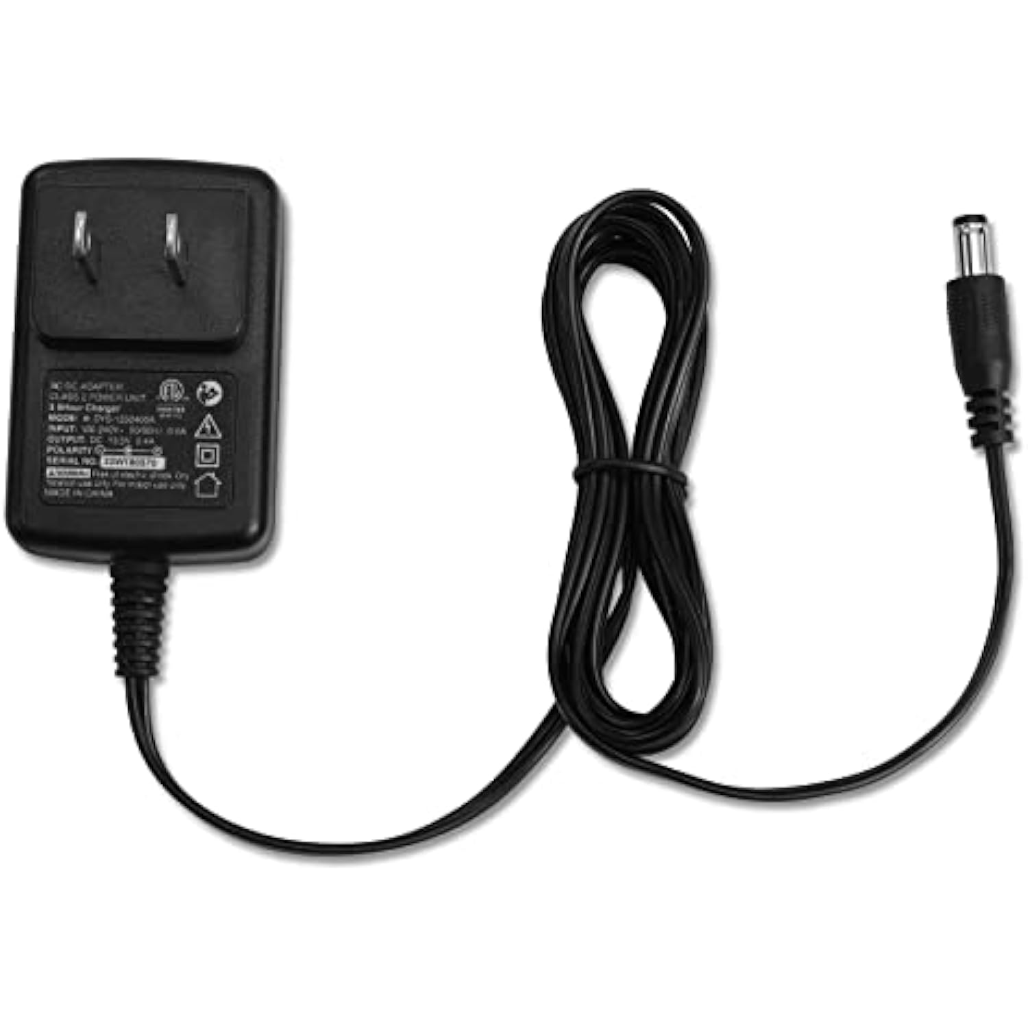 Black AC adapter power supply with cord and DC output plug for charging