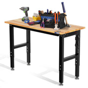Adjustable hardwood workbench with black steel frame and leveling feet