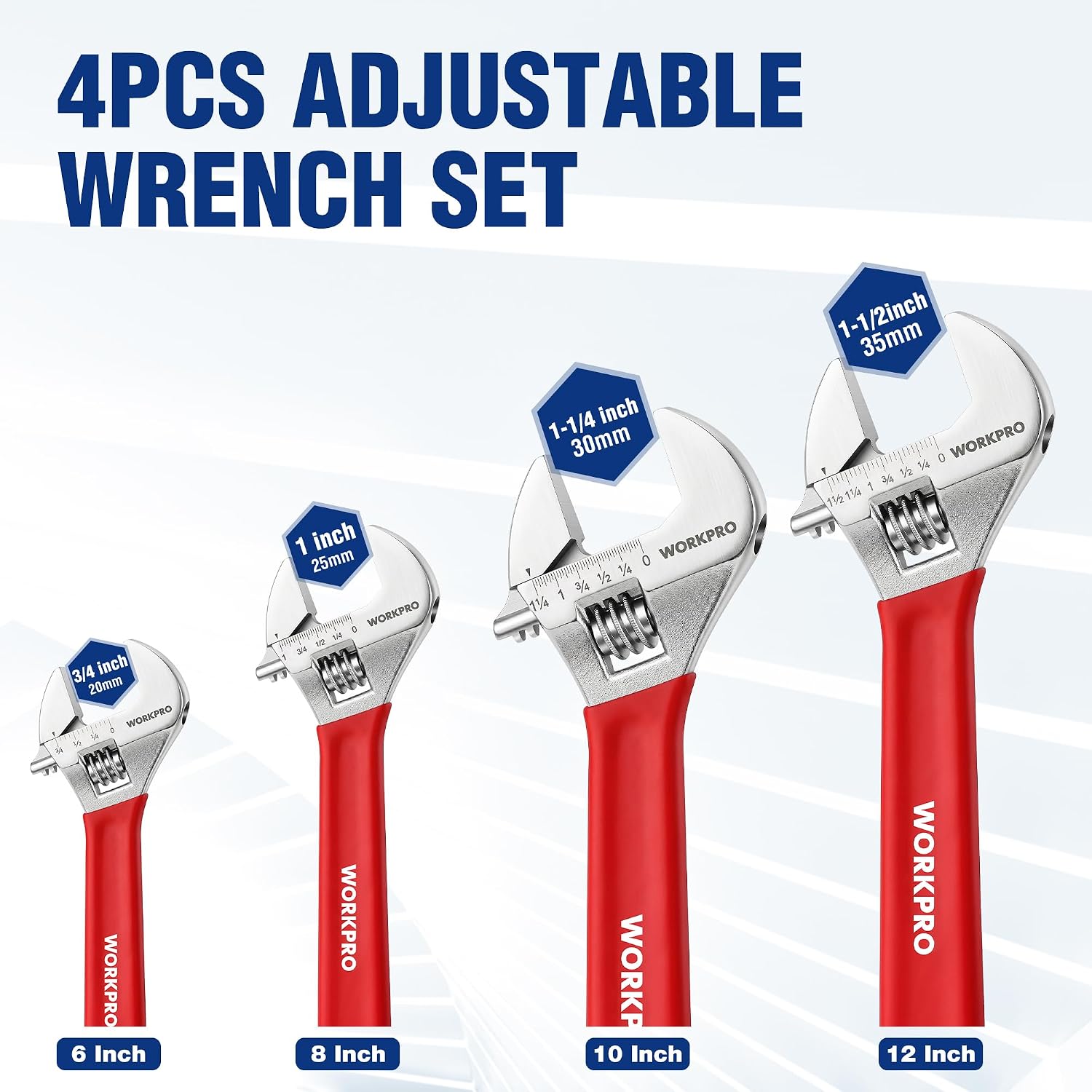 Red adjustable wrench set with 6, 8, 10, and 12 inch wide-jaw heads