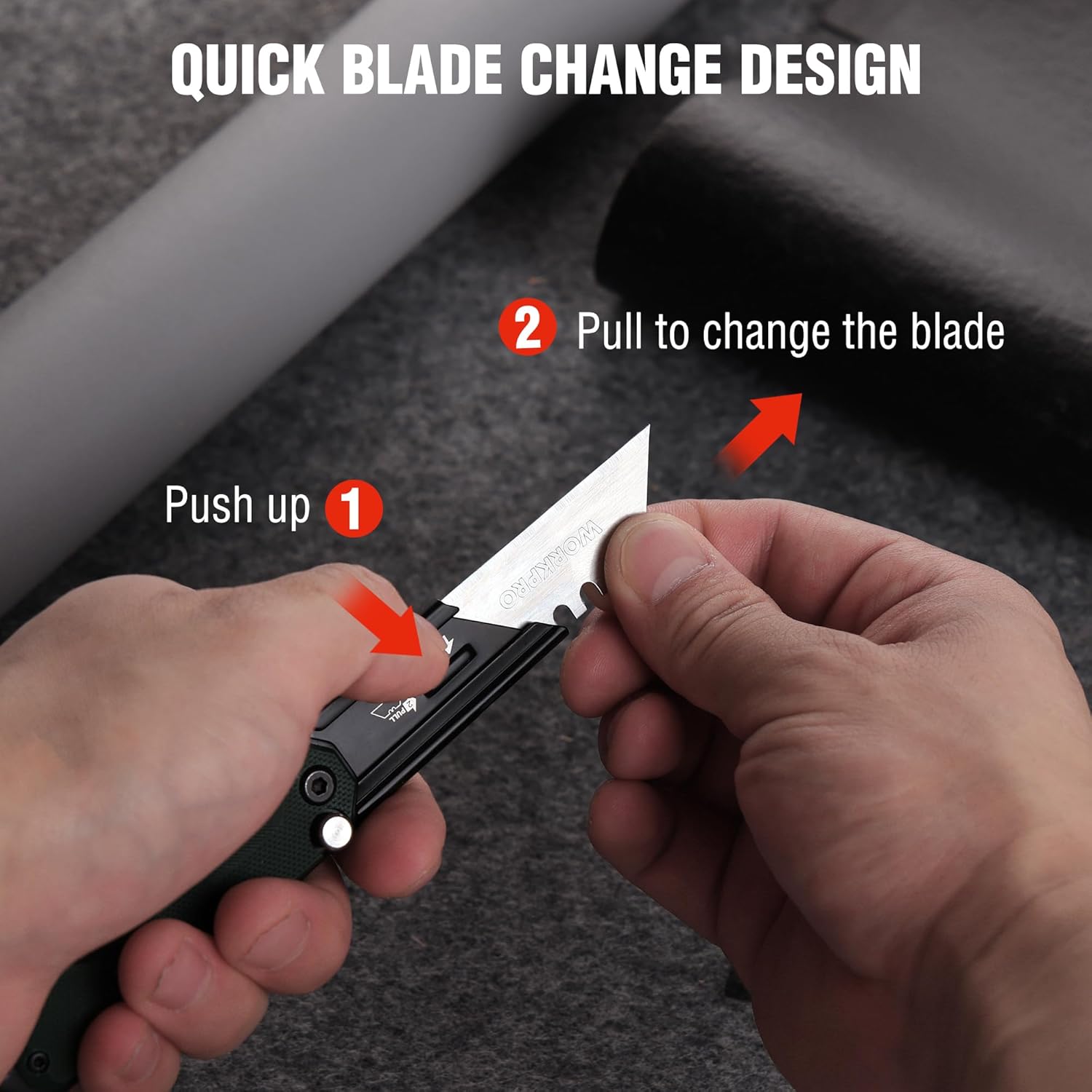 Folding utility knife with quick blade-change slider, blade poised for replacement