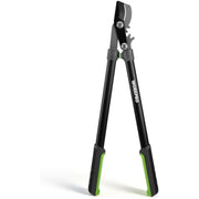 Compact bypass lopper with black handles, green feet, and curved pruning blades
