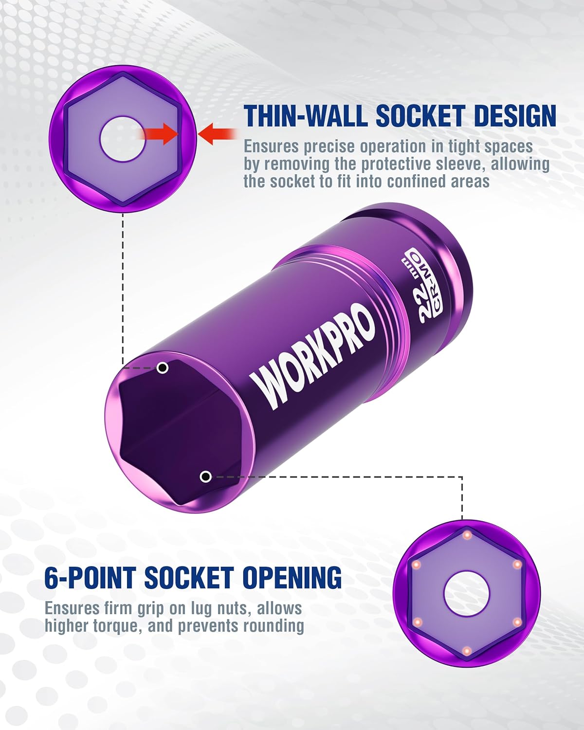 Purple thin-wall 22mm 1/2 in drive lug nut socket with 6-point opening