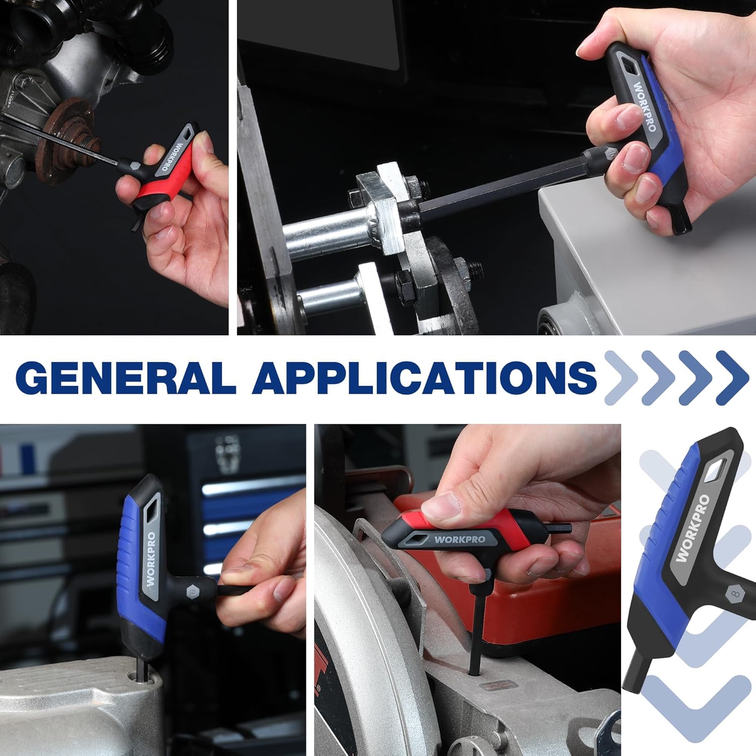 T-handle hex wrench being used on an automotive part and in a toolbox