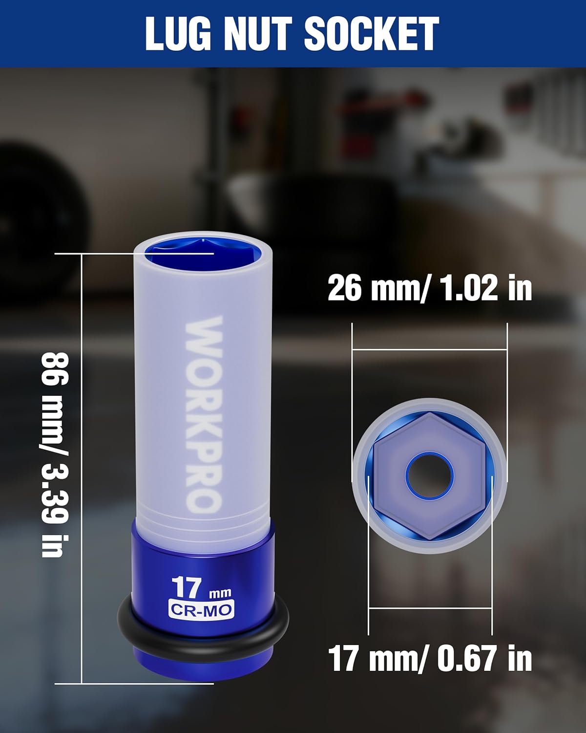 WORKPRO 1/2 in drive lug nut impact socket, 17mm thin-wall, blue steel
