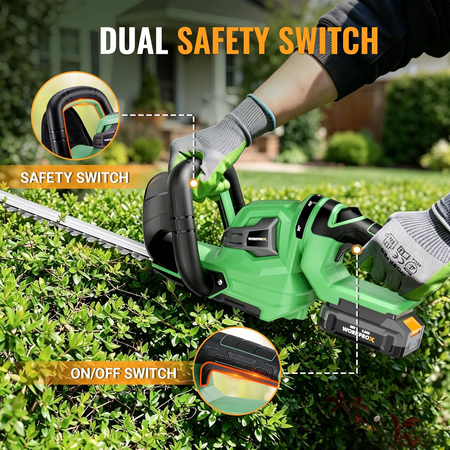 Green cordless hedge trimmer with dual safety switches and front cutting blade bar