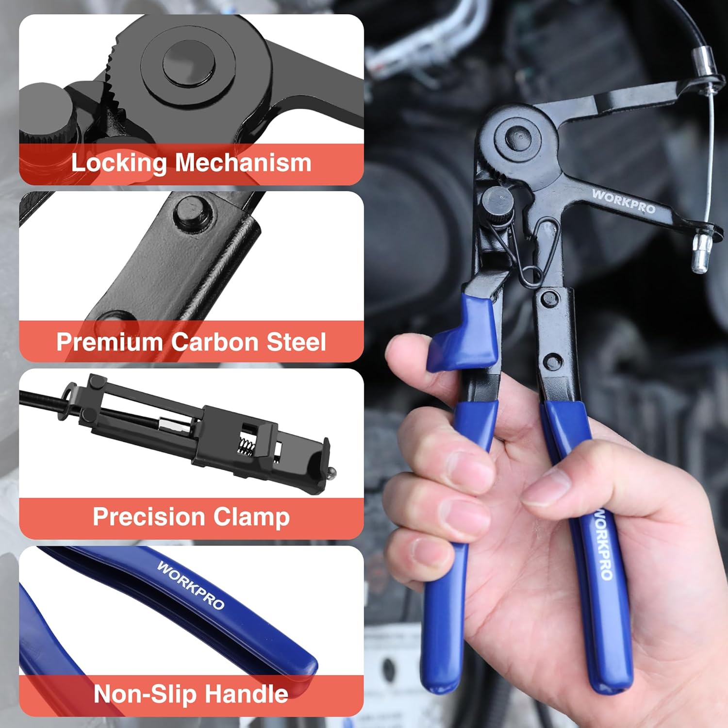 WORKPRO hose clamp pliers with locking mechanism, blue grips, and carbon steel jaws