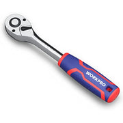 3/8-in drive ratchet wrench with chrome head and red-blue ergonomic handle.