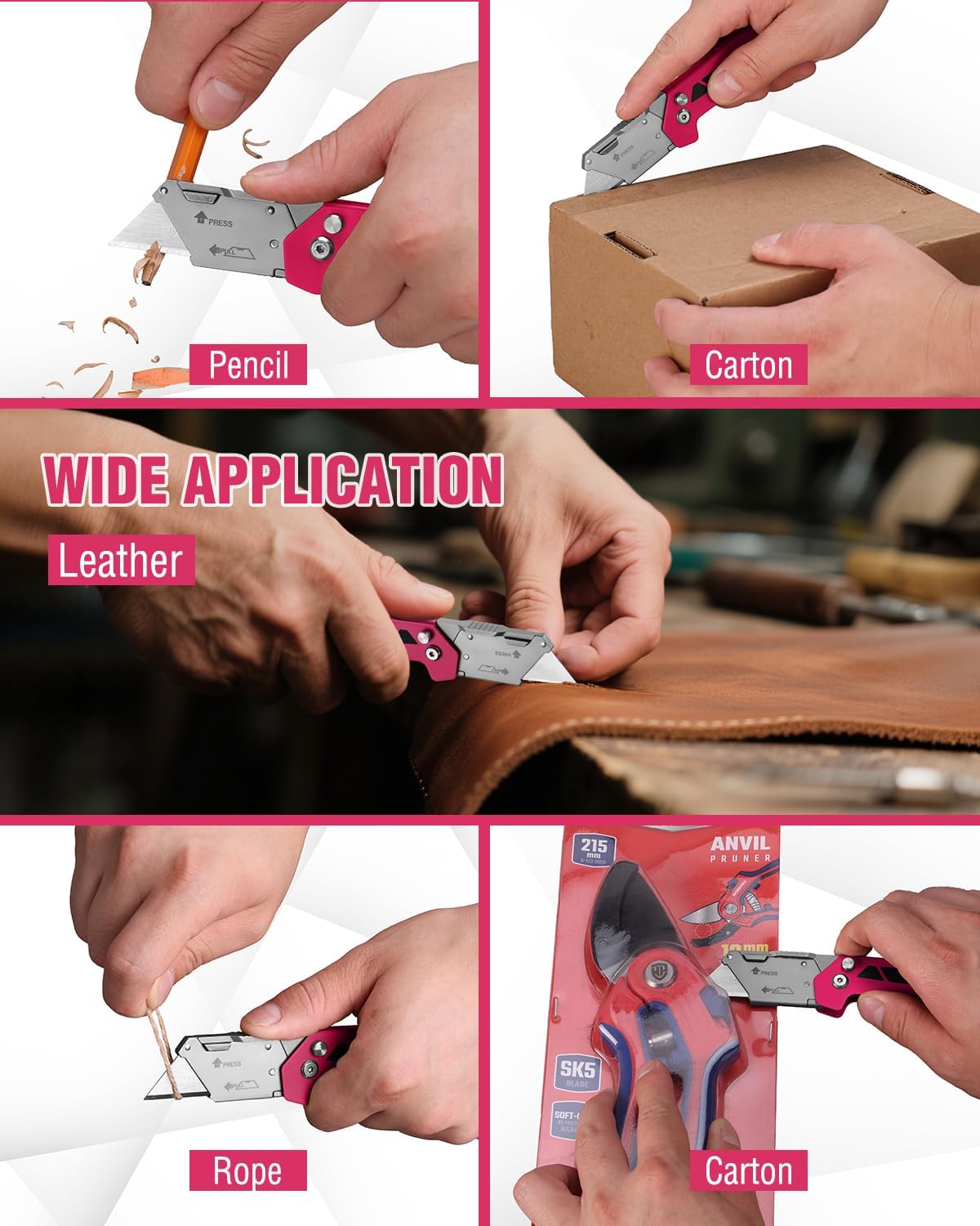 Pink folding utility knife used on cardboard and leather