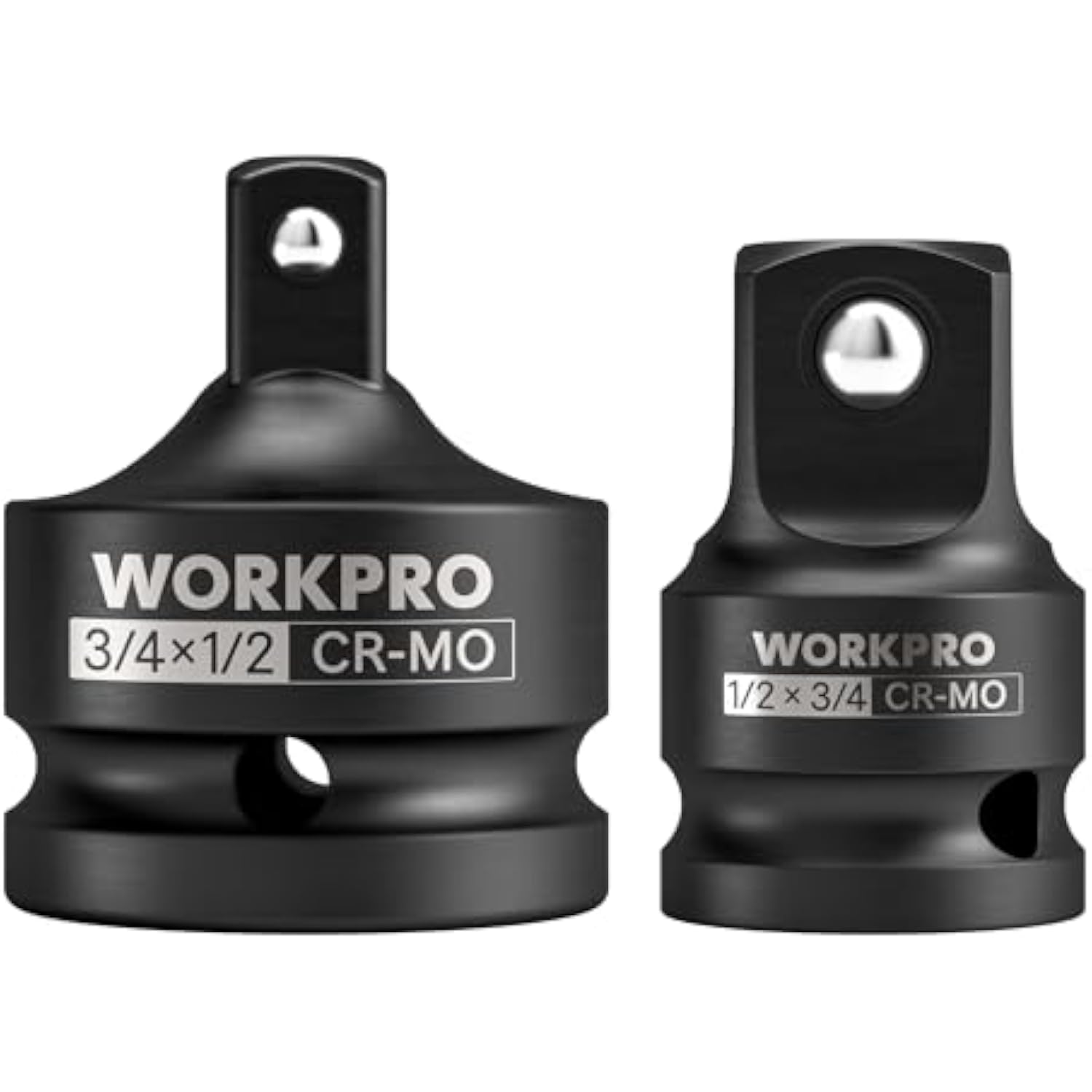Black CR-Mo impact socket reducers, 3/4 in x 1/2 in and 1/2 in x 3/4 in
