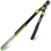 Extendable bypass lopper set, showing black and gray blades with lime handle guards