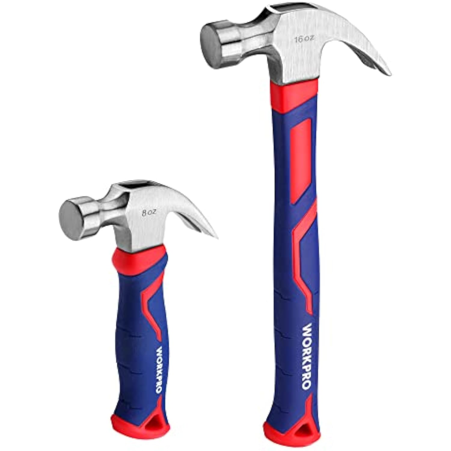 WORKPRO 2-piece claw hammer set: tall 16 oz and compact 8 oz, fiberglass handles