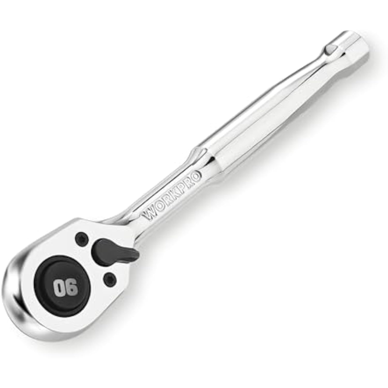 Polished chrome 1/4 in ratchet handle wrench with 06 marking on head.