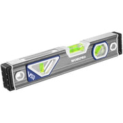 WORKPRO 10-inch torpedo level angled close-up with three bubble vials and blue accents
