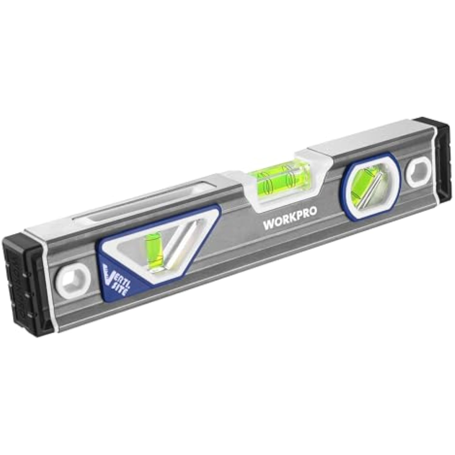 WORKPRO 10-inch torpedo level angled close-up with three bubble vials and blue accents