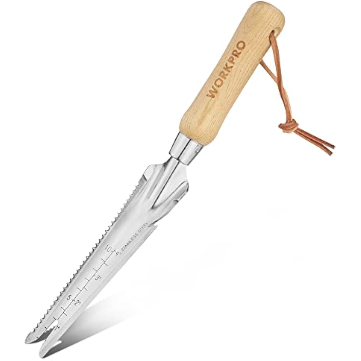Angled stainless garden weeding tool with wooden handle and toothed digging blade tip