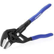 Black pliers wrench with blue handles and adjustable jaw opening