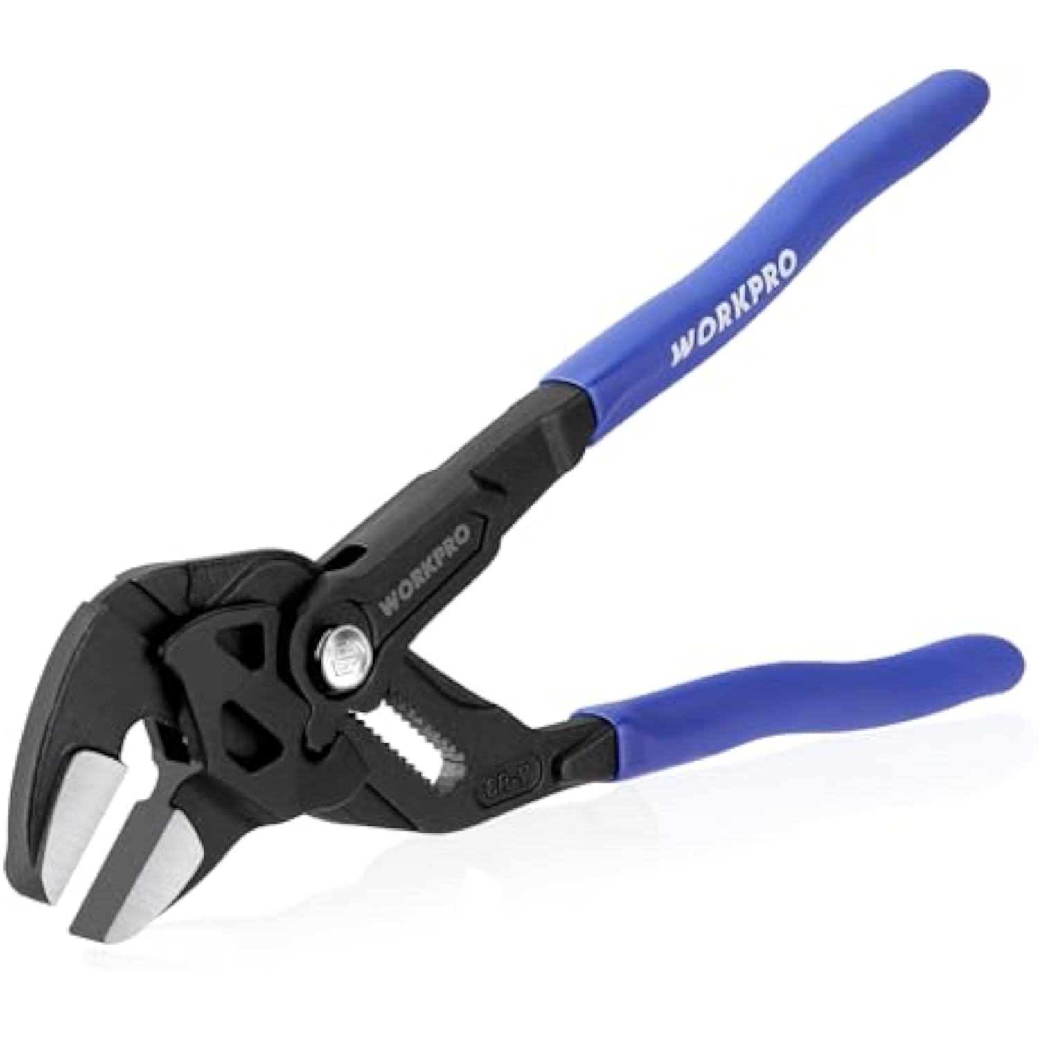 Black pliers wrench with blue handles and adjustable jaw opening