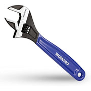 Blue-handled adjustable wrench with black jaw head and stamped markings near the throat