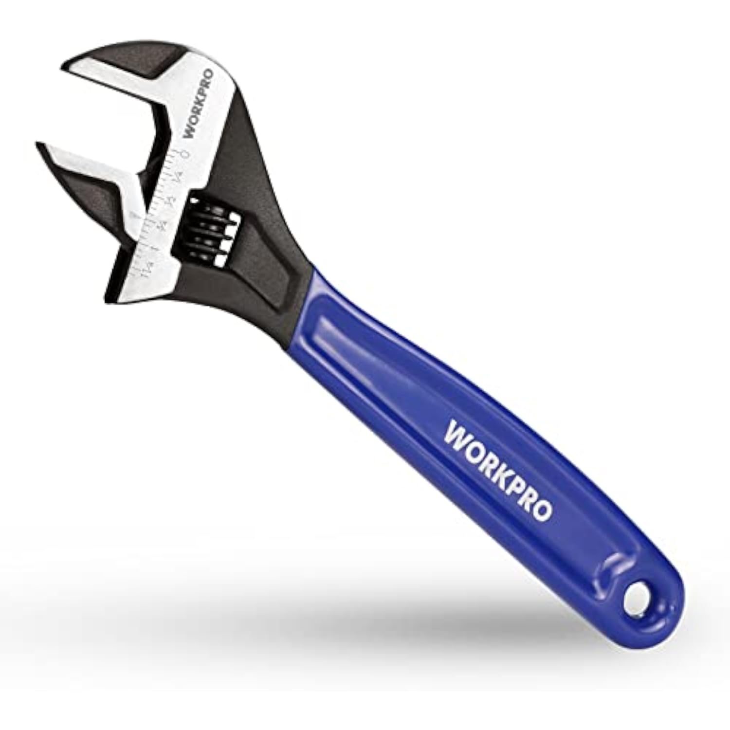 Blue-handled adjustable wrench with black jaw head and stamped markings near the throat
