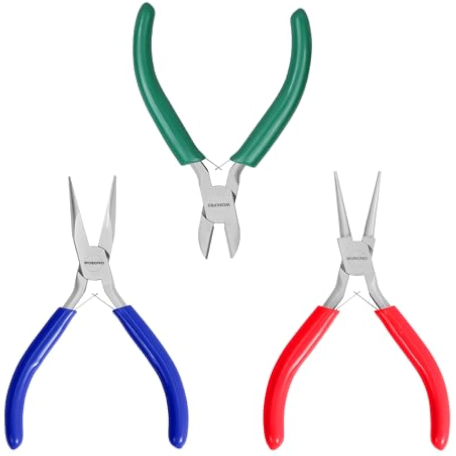 3-pack jewelry pliers set with green, blue, and red handles; compact needle-nose style pliers