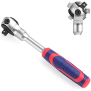 Chrome swivel head ratchet with red-blue grip handle and dual mounting pins