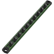 Green socket rail with black magnetic clip caps aligned along the length