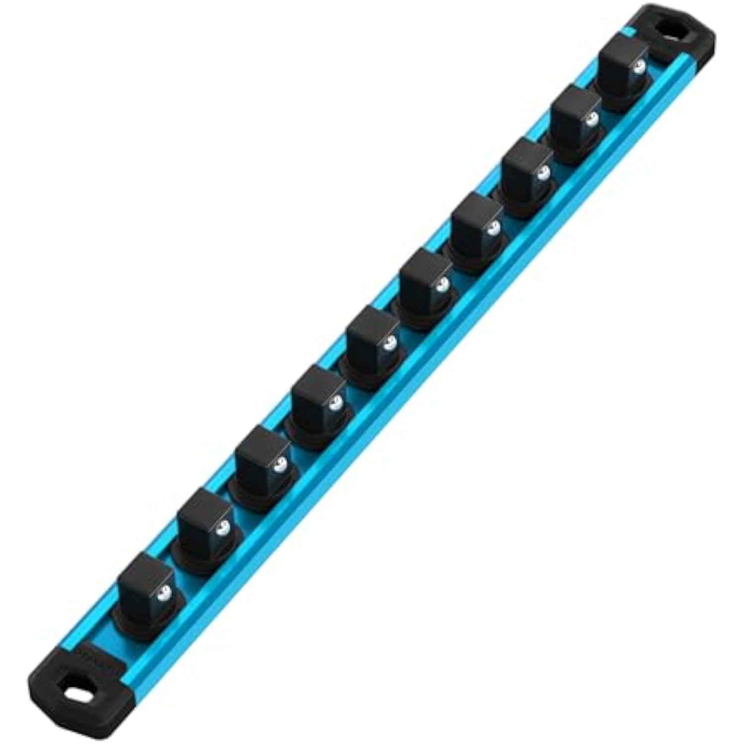 Sky blue magnetic socket organizer rail with multiple black clip holders and mounting bases