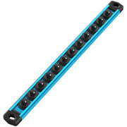 Sky blue magnetic socket organizer rail with evenly spaced black magnetic clips