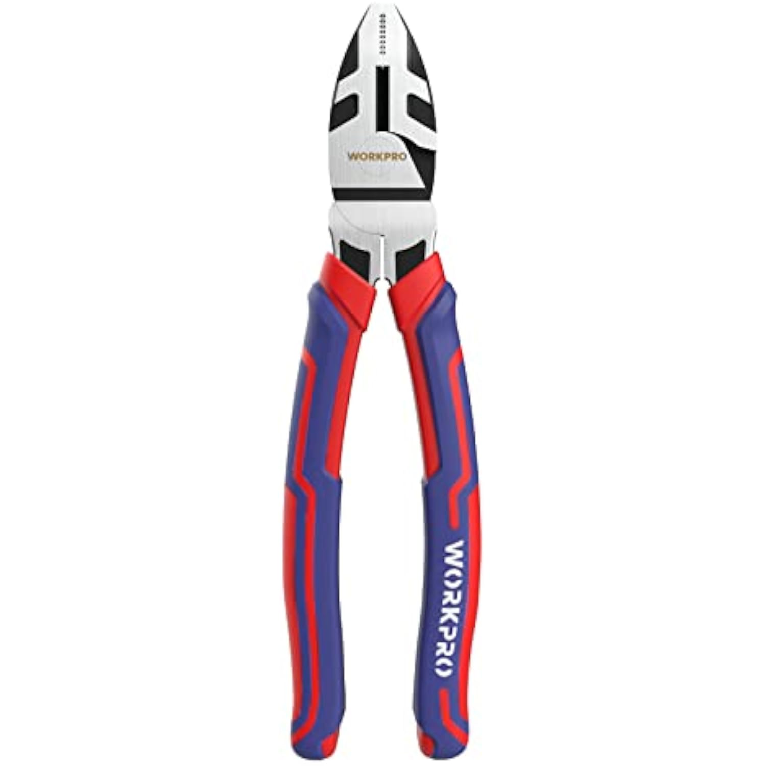 8-inch linesman pliers with insulated red and blue handles and steel jaws